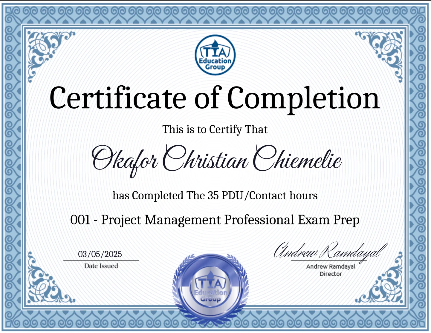 Project Management Professional Exam Prep. Course Certificate